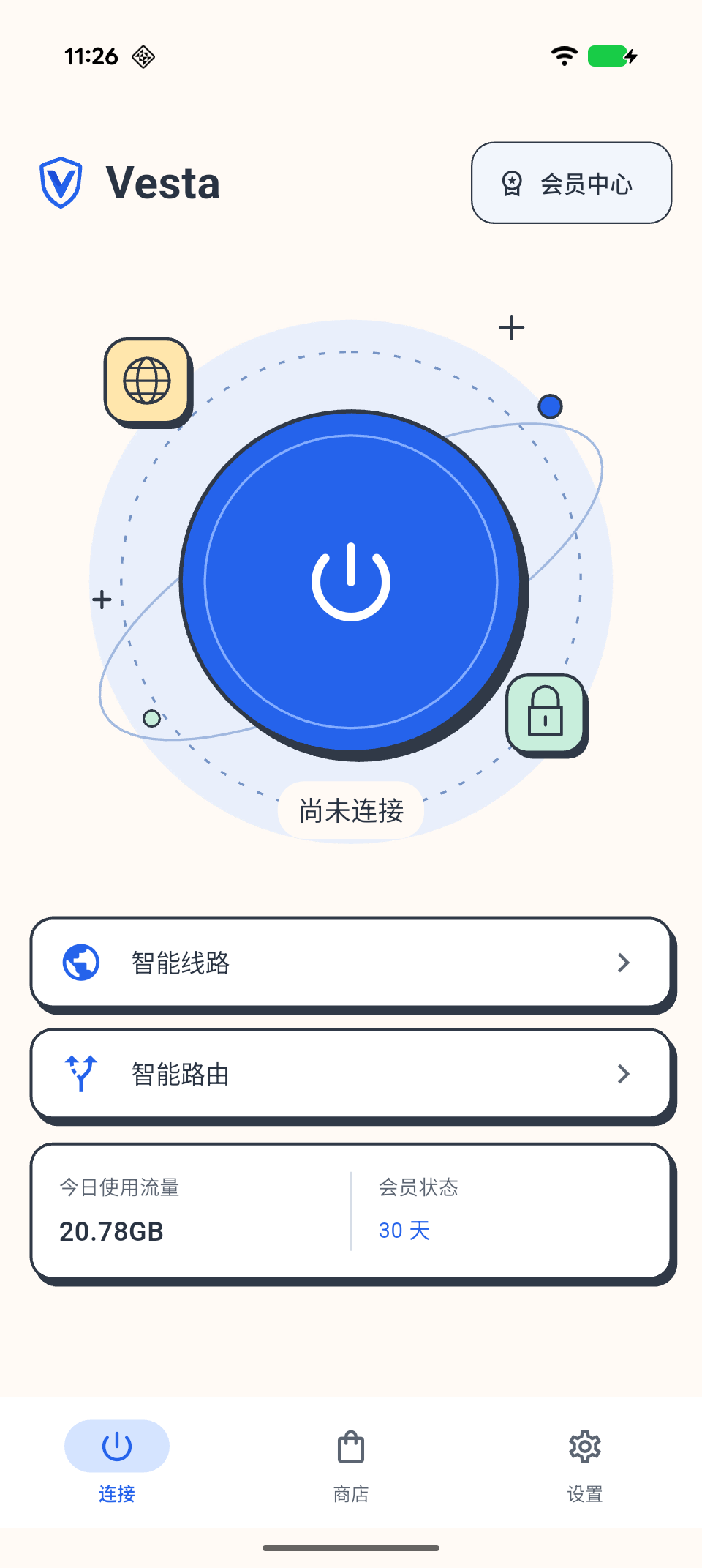 VestaVPN 连接页：智能线路、智能路由、今日使用流量与30天会员状态。